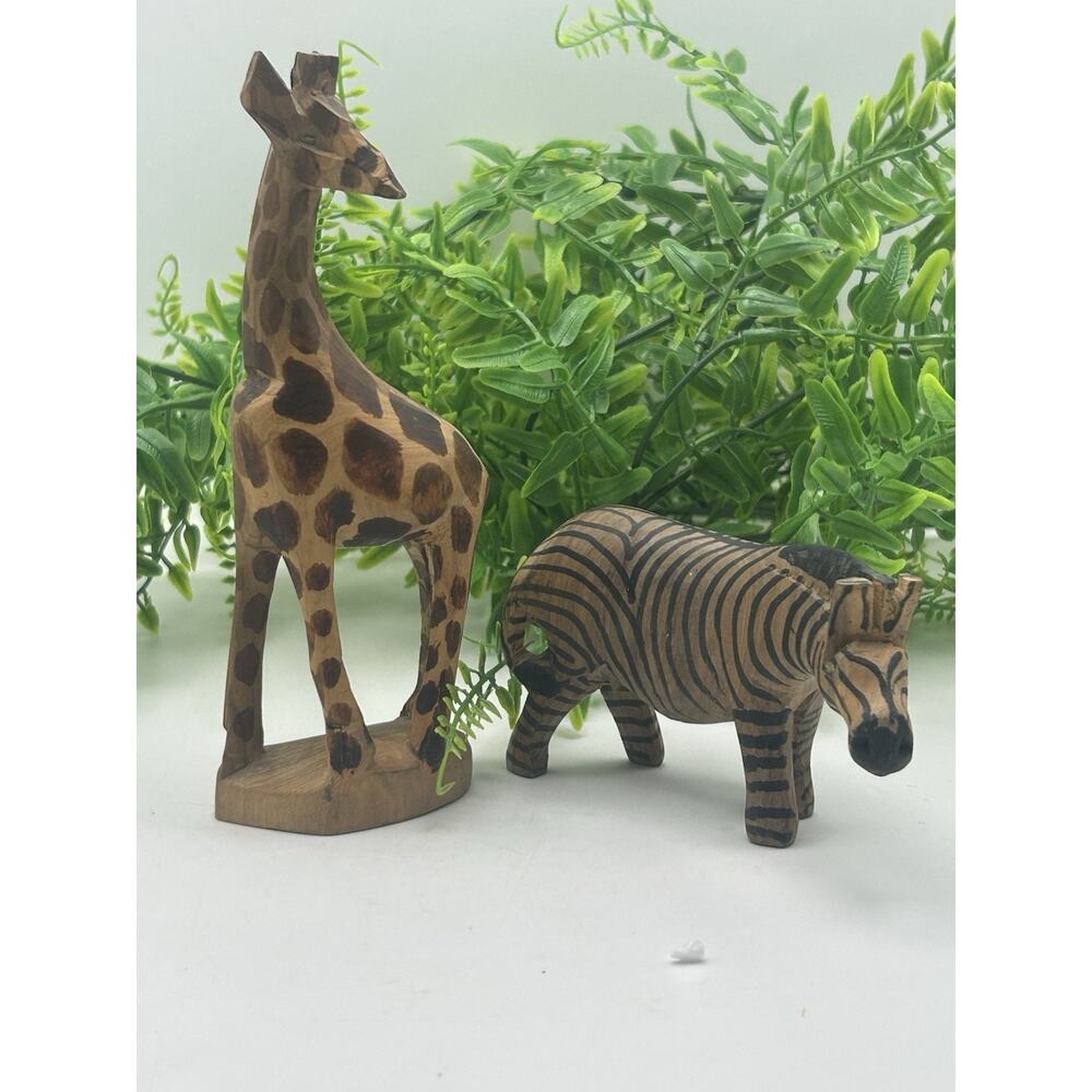 Vtg Pair of Hand Carved Painted Wooden Safari Animals- Zebra & Giraffe Figurines